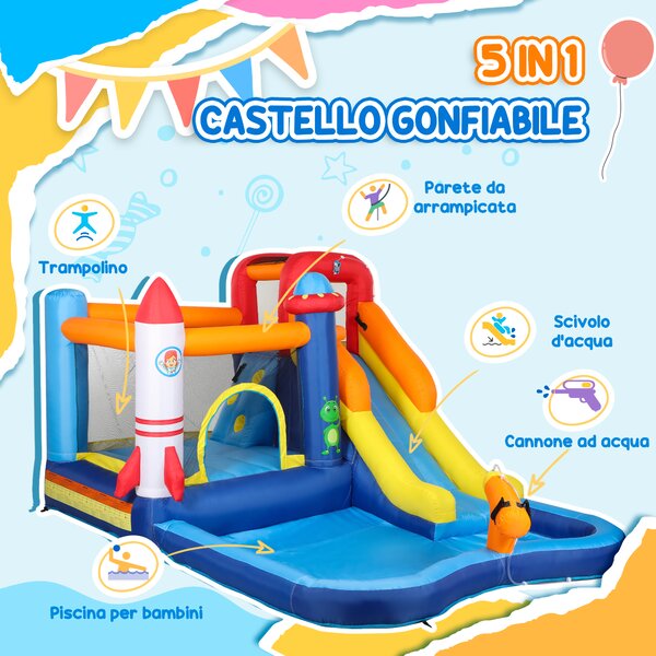 AIYAPLAY Castello Gonfiabile Parco Acquatico 5 in 1, 360x250x195cm, Multicolore | Aosom Italy