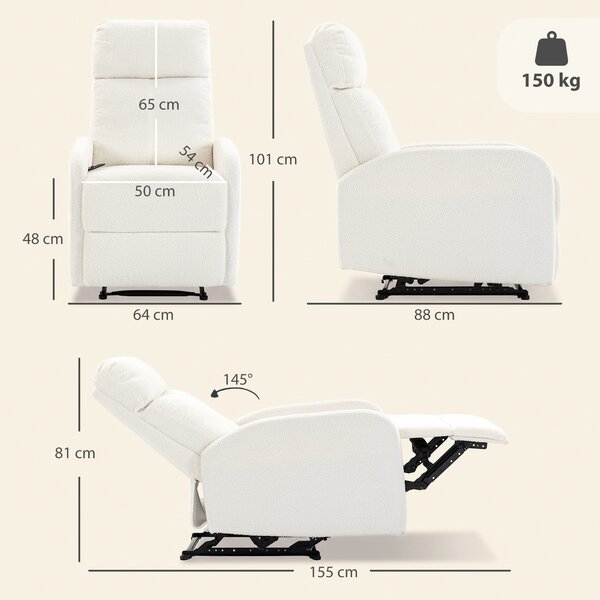 HOMCOM Poltrona relax reclinabile in teddy con seduta a molle e braccioli, crema | Aosom Italy