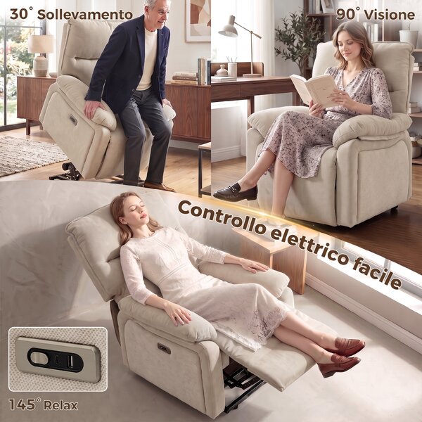 HOMCOM Poltrona Relax Alzapersona con Massaggio e Riscaldamento, per Anziani, Bianco Crema | Aosom Italy