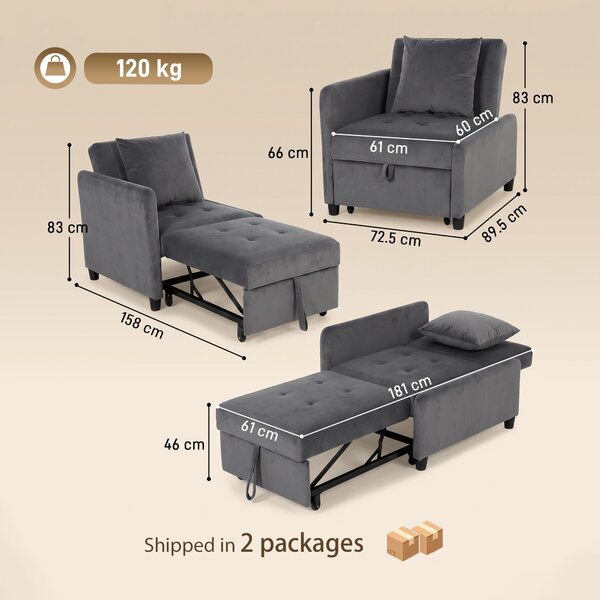 HOMCOM Poltrona Letto Singolo 4 in 1 Estraibile a Trapuntato, Reclinabile, in Velluto, Grigio Scuro | Aosom Italy