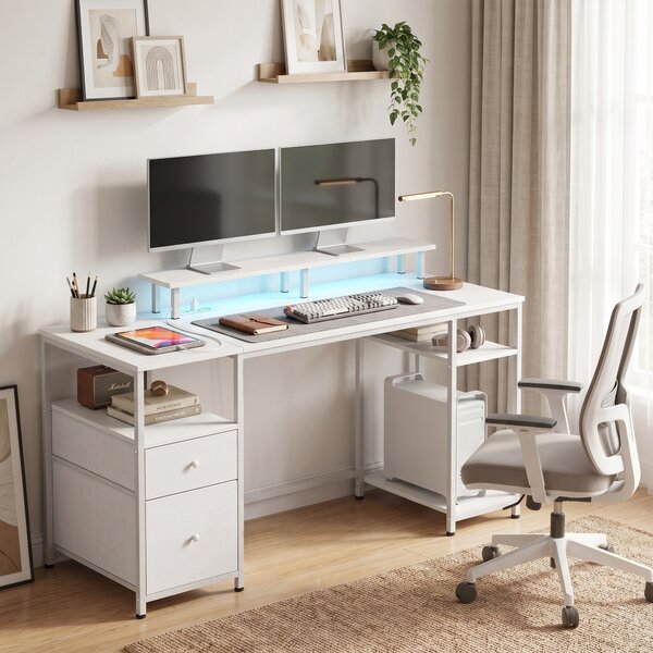 HOMCOM Scrivania LED con cassetti, prese, USB e supporto monitor, 155,5x48x88,5 cm, bianco | Aosom Italy