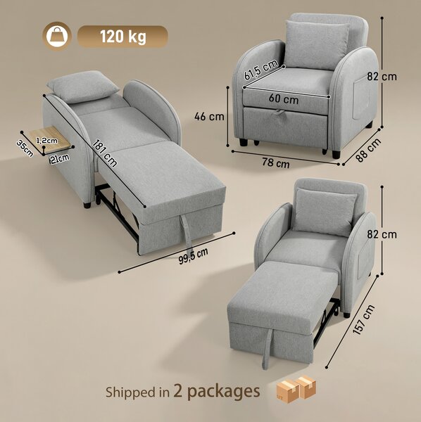 HOMCOM Poltrona Letto 3 in 1 Estraibile in Tessuto Lino, Schienale Regolabile, Tavolino Laterale, Grigio | Aosom Italy