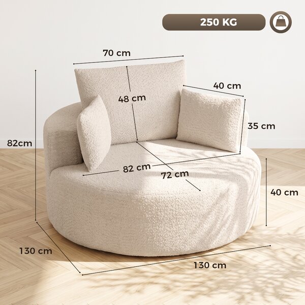 HOMCOM Poltrona rotonda in ciniglia con 4 cuscini, 130x130x82 cm, crema | Aosom Italy