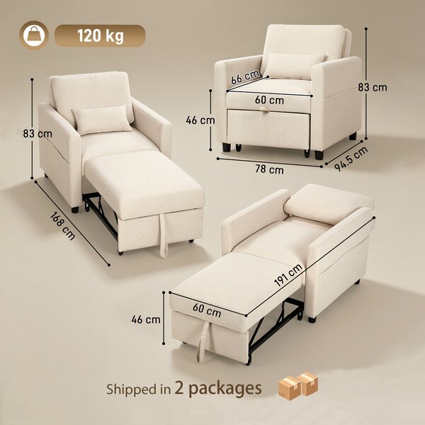HOMCOM Poltrona Letto 3 in 1 in Tessuto Effetto Lino con Schienale Regolabile, Bianco Crema | Aosom Italy