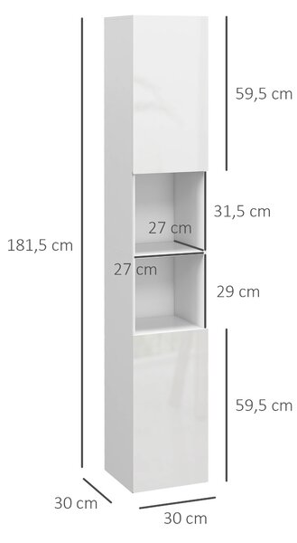 Kleankin Colonna bagno slim con ripiani e 2 armadietti, 30x30x181,5 cm, bianco | Aosom Italy