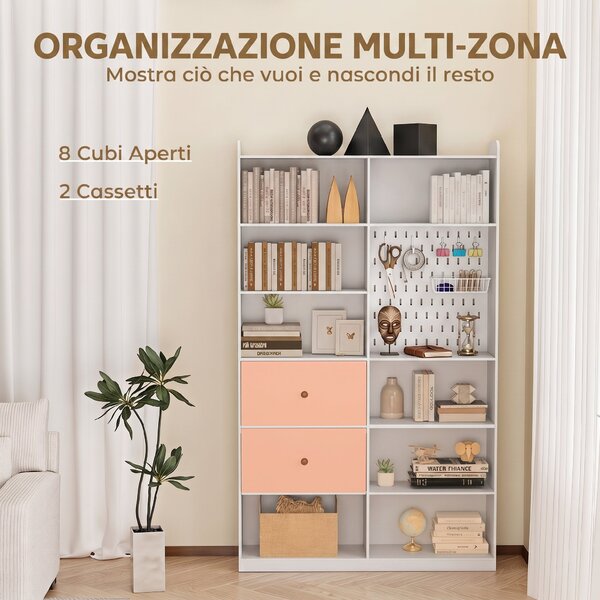 HOMCOM Libreria Doppia a 6 Livelli con Cassetti e Pannello Forato, Bianco | Aosom Italy