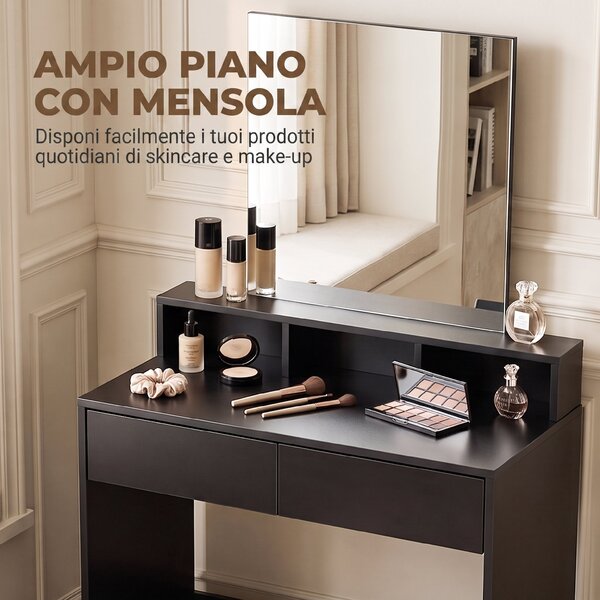HOMCOM Tavolo da Trucco con Specchio, 3 Ripiani, 2 Cassetti e Sgabello, in Legno, 75x38x135 cm, Nero | Aosom Italy