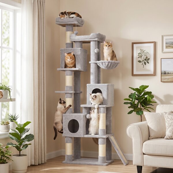 Albero Tiragraffi 60x40x200 cm con Pali in Sisal 2 Cucce 3 Casette e Amaca in Truciolare e Peluche Grigio Chiaro
