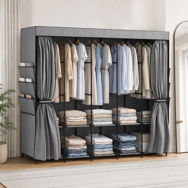 HOMCOM Armadio in tela con 5 aste, 5 ripiani e 6 tasche, 212x45x167 cm, grigio | Aosom Italy