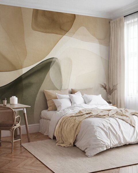 Carta da parati Forme astratte in tonalità di beige e verde, con un effetto di strati traslucidi e, Carta da parati lastrazione, w10022 : Uwalls.it
