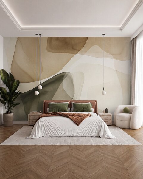 Carta da parati Forme astratte in tonalità di beige e verde, con un effetto di strati traslucidi e, Carta da parati lastrazione, w10022 : Uwalls.it
