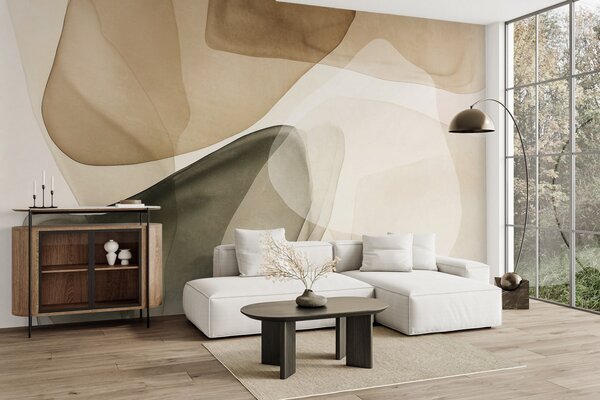 Carta da parati Forme astratte in tonalità di beige e verde, con un effetto di strati traslucidi e, Carta da parati lastrazione, w10022 : Uwalls.it