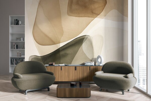 Carta da parati Forme astratte in tonalità di beige e verde, con un effetto di strati traslucidi e, Carta da parati lastrazione, w10022 : Uwalls.it