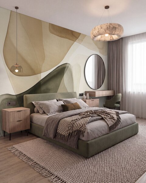 Carta da parati Forme astratte in tonalità di beige e verde, con un effetto di strati traslucidi e, Carta da parati lastrazione, w10022 : Uwalls.it