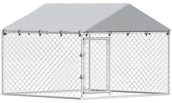 PawHut Recinto per Cani da Esterno in Acciaio Zincata con Tetto in PE, Anti-UV, Impermeabile, Doppia Chiusura, Argento | Aosom Italy