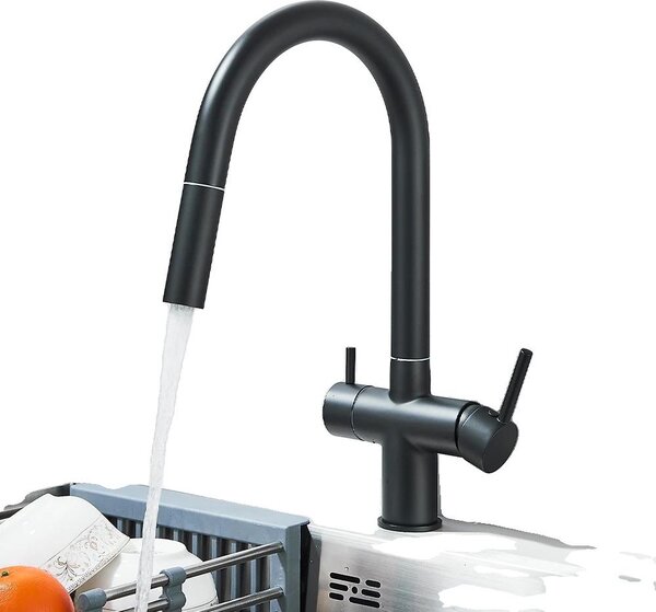 Rubinetto da cucina estraibile Clean Water, doppia maniglia, da incasso, cartuccia in Vetroceramica, nero opaco