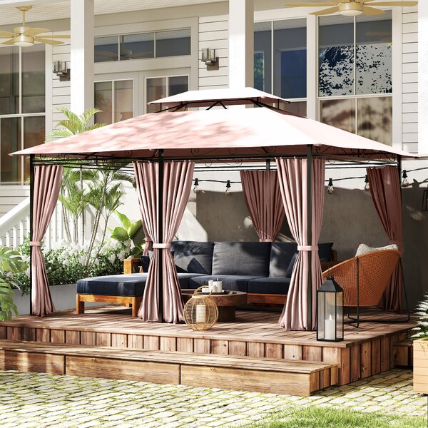 Outsunny Gazebo da Giardino 4x3 con Doppio Tetto e Struttura in Acciaio, Tende con Zip Impermeabili e Anti UV, Cachi | Aosom Italy