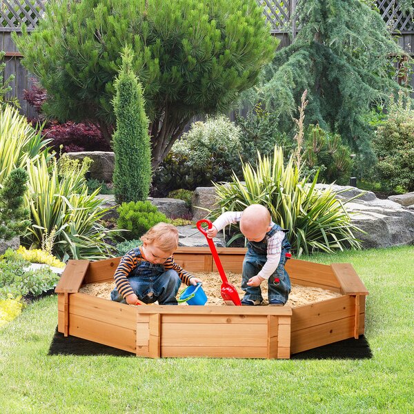 Outsunny Sabbiera per Bambini in Legno Ottagonale con Sedili e Copertura, Gioco da Giardino per Bambini 3-8 Anni, 139.5x139.5x21.5cm|Aosom