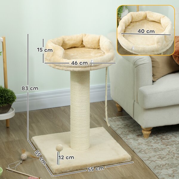PawHut Albero Tiragraffi per Gatti con Lettino e Pallina in Peluche e Palo in Sisal 55x55x83cm Beige|Aosom