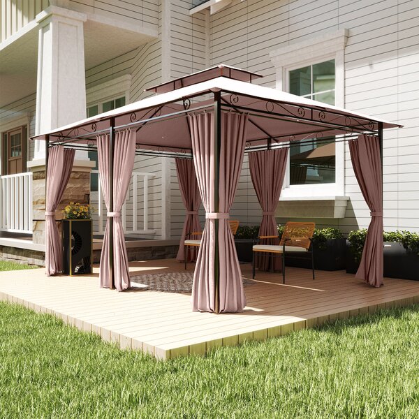 Outsunny Gazebo da Giardino 4x3 con Doppio Tetto e Struttura in Acciaio, Tende con Zip Impermeabili e Anti UV, Cachi | Aosom Italy