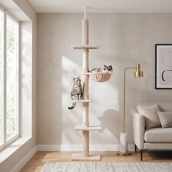 PawHut Albero Tiragraffi Multilivello a Soffitto con Amaca e Altezza Regolabile, 40x34x230-260cm, Beige|Aosom