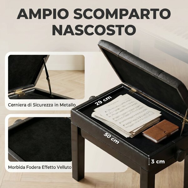 HOMCOM Sgabello per Pianoforte con Altezza Regolabile e Contenitore in Legno e Finta Pelle, 63x35x46-56cm, Nero