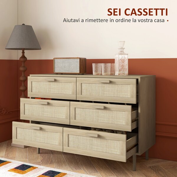 HOMCOM Cassettiera 6 Cassetti in Rattan con Gambe in Legno, Settimino per Soggiorno e Camera da Letto, 110x40x75 cm, Legno Naturale | Aosom Italy