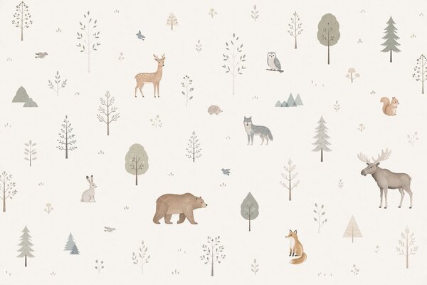 Carta da parati Animali della foresta e alberi su uno sfondo chiaro, Carta da parati per Bambini, w05864 : Uwalls.it