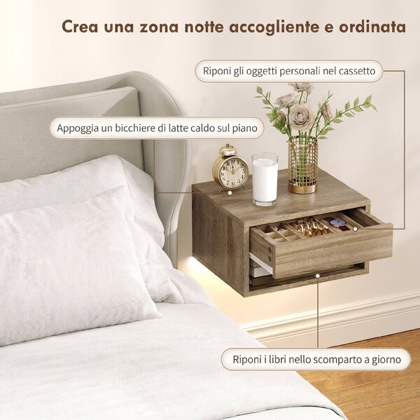 HOMCOM Set 2 Comodini Sospesi con LED RGB Integrati e Regolabili con APP, Cassetto e Ripiano, 37x32x21 cm, Color Legno | Aosom Italy