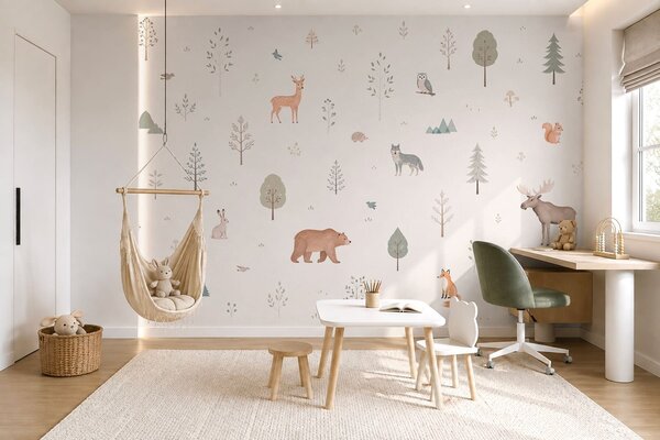 Carta da parati Animali della foresta e alberi su uno sfondo chiaro, Carta da parati per Bambini, w05864 : Uwalls.it