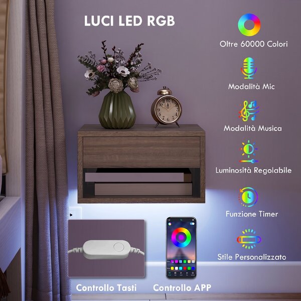 HOMCOM Set 2 Comodini Sospesi con LED RGB Integrati e Regolabili con APP, Cassetto e Ripiano, 37x32x21 cm, Color Legno | Aosom Italy