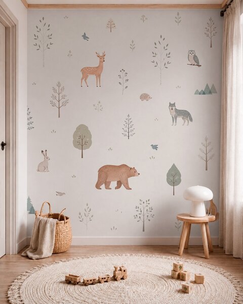 Carta da parati Animali della foresta e alberi su uno sfondo chiaro, Carta da parati per Bambini, w05864 : Uwalls.it