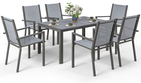 Outsunny Set Tavolo da Pranzo Rettangolare e 6 Sedie Impilabili per Giardino, Grigio Chiaro | Aosom Italy