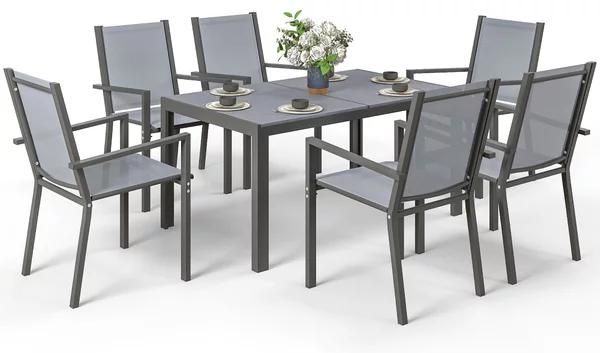 Outsunny Set Tavolo da Pranzo Rettangolare e 6 Sedie Impilabili per Giardino, Grigio Chiaro | Aosom Italy