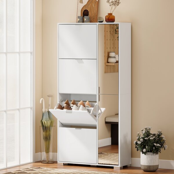 HOMCOM Scarpiera con Specchio, 4 Cassetti Ribalta, Scarpiera Ingresso, Bianco | Aosom Italy