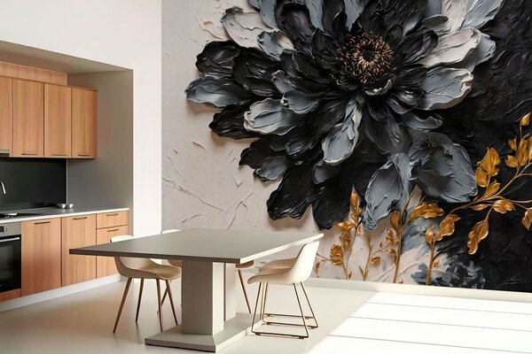 Carta da parati Fiore nero e grigio con texture e rami decorativi, Carta da parati lastrazione, w05883 : Uwalls.it