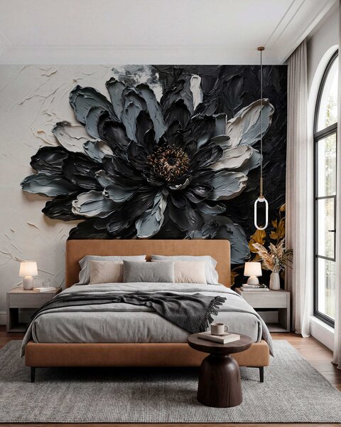 Carta da parati Fiore nero e grigio con texture e rami decorativi, Carta da parati lastrazione, w05883 : Uwalls.it