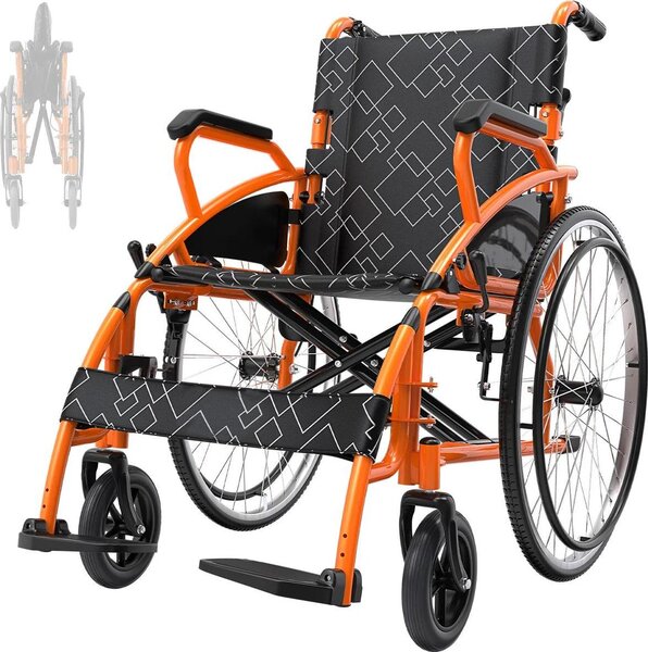 Sedia a rotelle da trasporto, design portatile, braccioli regolabili, arancione