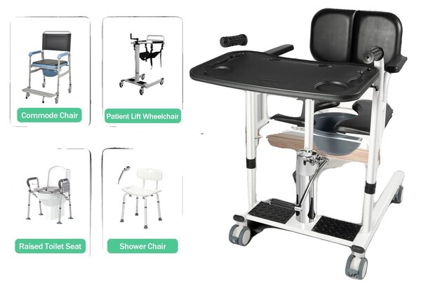 Sedia di trasferimento con sollevatore per pazienti, sistema di sollevamento idraulico, design autoportante, colore nero