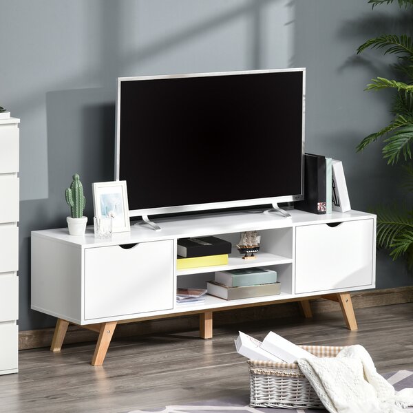 HOMCOM Mobile Porta TV 150x39x50 cm in Legno per TV fino a 65" con Fori Passacavi, 2 Armadietti e 2 Ripiani Aperti, Bianco|Aosom