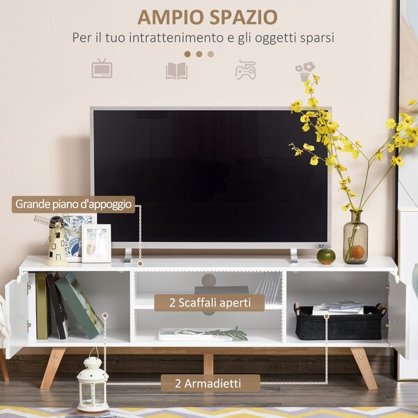 HOMCOM Mobile Porta TV 150x39x50 cm in Legno per TV fino a 65" con Fori Passacavi, 2 Armadietti e 2 Ripiani Aperti, Bianco|Aosom