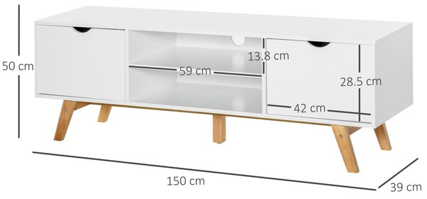 HOMCOM Mobile Porta TV 150x39x50 cm in Legno per TV fino a 65" con Fori Passacavi, 2 Armadietti e 2 Ripiani Aperti, Bianco|Aosom