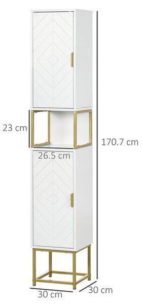 Kleankin Colonna Bagno con 2 Armadietti e Ripiano in MDF e Acciaio, 30x30x170.7cm, Bianco e Oro|Aosom