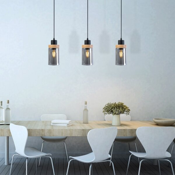 Lampadario a cavo WOODNEST 3xE27/15W/230V pino/nero fumé