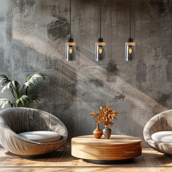Lampadario a cavo WOODNEST 3xE27/15W/230V pino/nero fumé