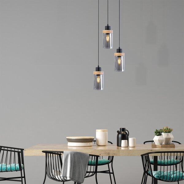 Lampadario sospeso su cavo WOODNEST 3xE27/15W/230V pino/nero fumé