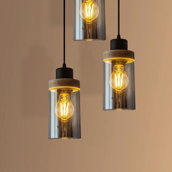 Lampadario sospeso su cavo WOODNEST 3xE27/15W/230V pino/nero fumé