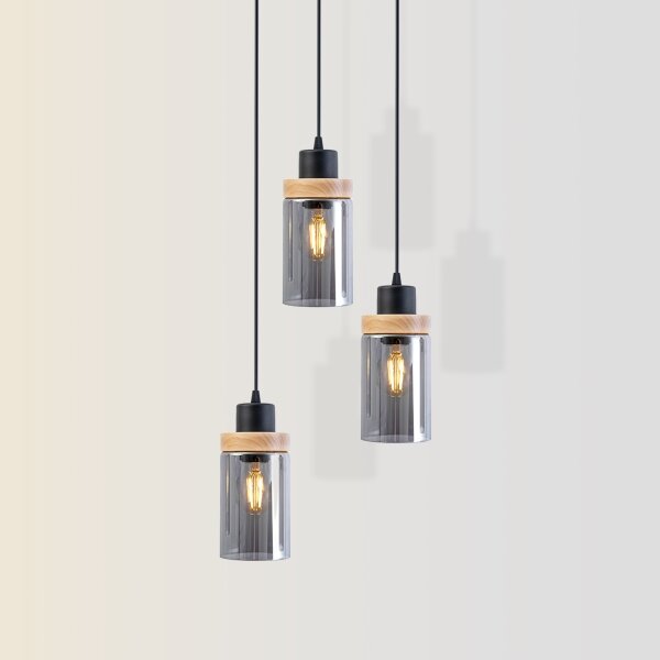 Lampadario sospeso su cavo WOODNEST 3xE27/15W/230V pino/nero fumé