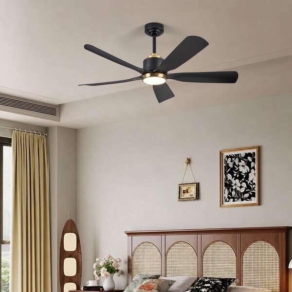 Ventilatore da soffitto ZELURXX con LED, 132 cm (52 pollici), 5 pale, tutto nero, in ABS, reversibile, controllabile tramite app, dimmerabile, silenzioso, a risparmio energetico, per estate e inverno