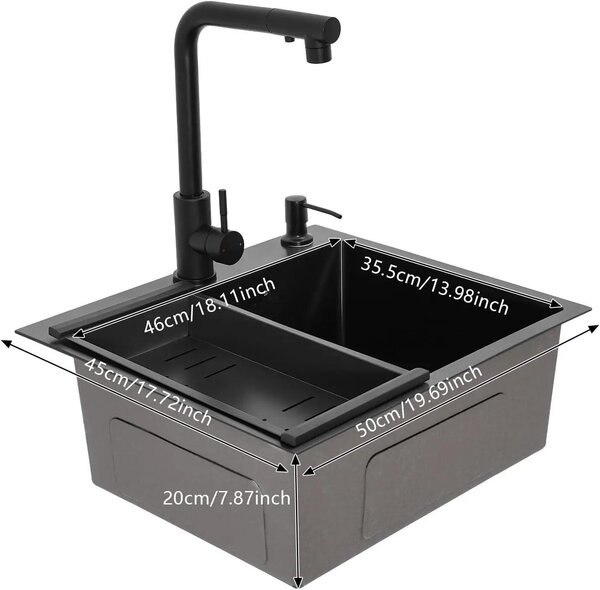Lavello da cucina, struttura in acciaio inox, compreso rubinetto e cestello, nero